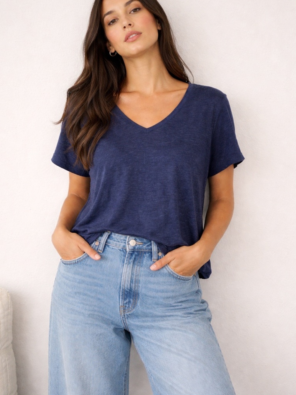 Sigrid & Olsen 100% linen V-Neck Short Sleeve Women's Tee - Navy